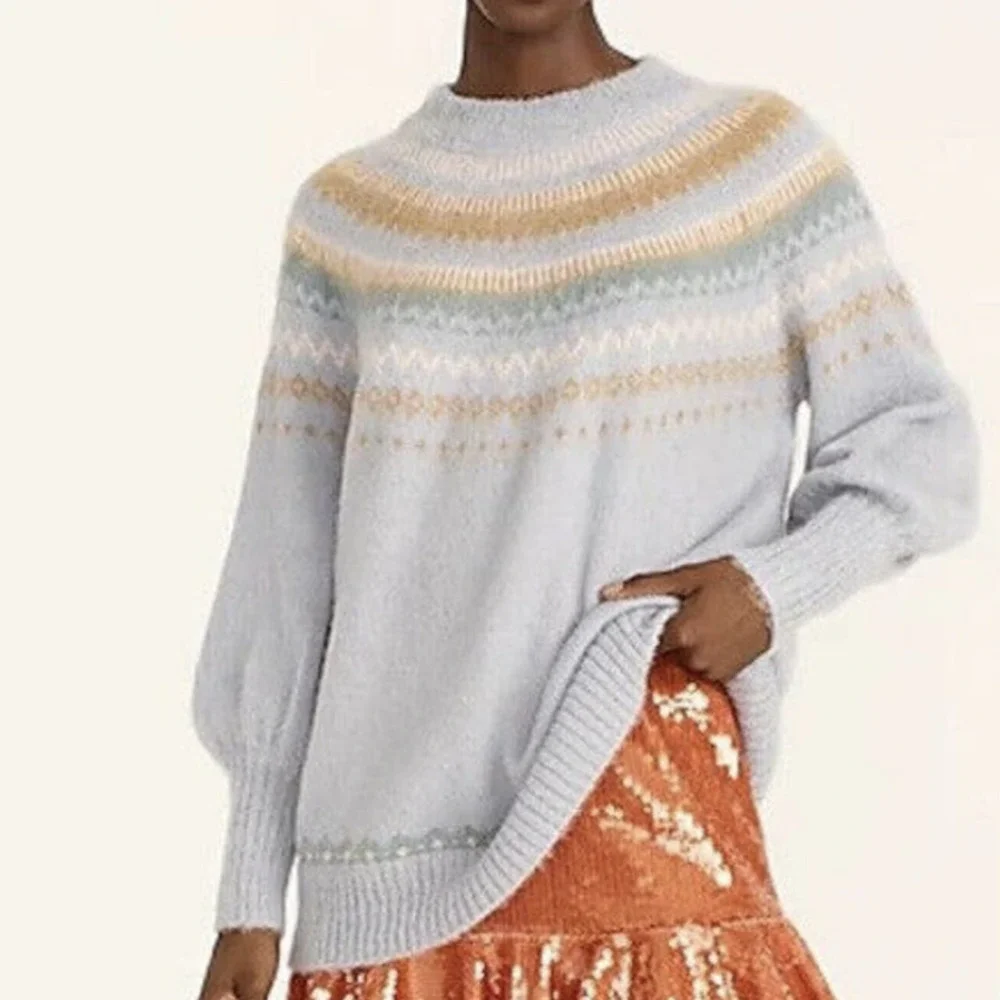 J. Crew Fair Isle Yoke Puff Sleeve Sweater Alpaca Blend Blue Tan Cream NWT XS